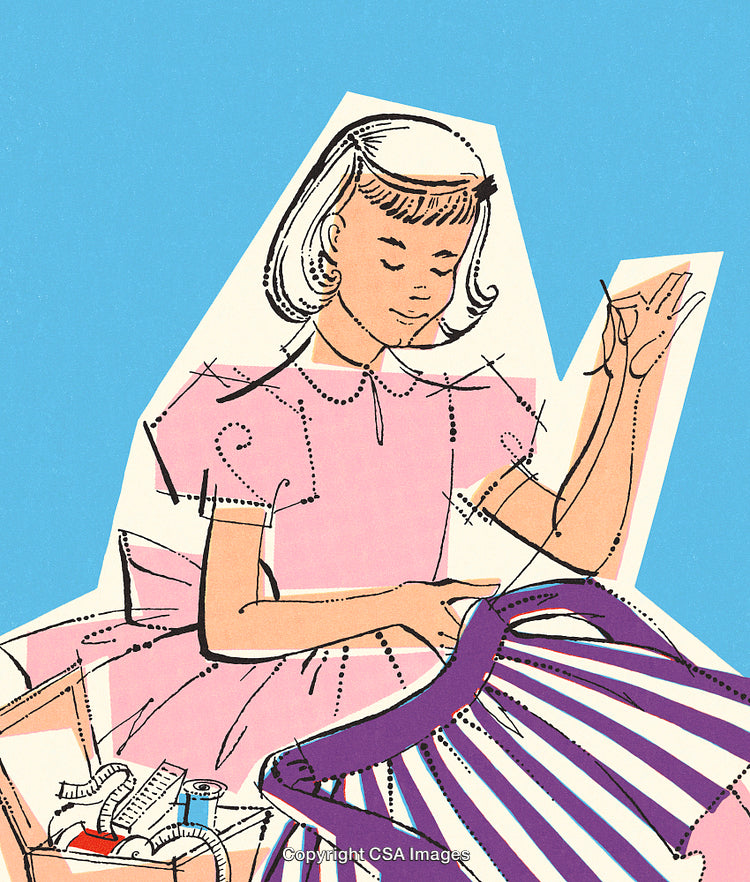 Vintage Illustration of a Girl Sewing a Dress with a Stripe Pattern