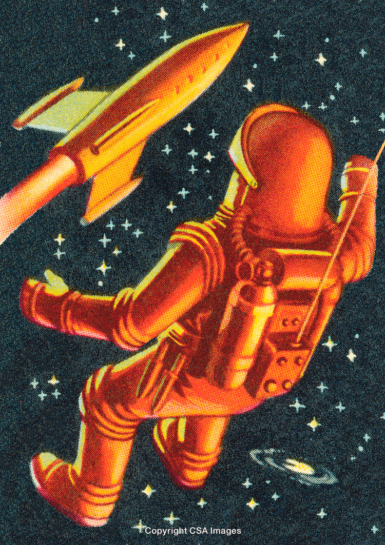 Astronaut Exploring Space with Spaceship in Vintage Style Artwork