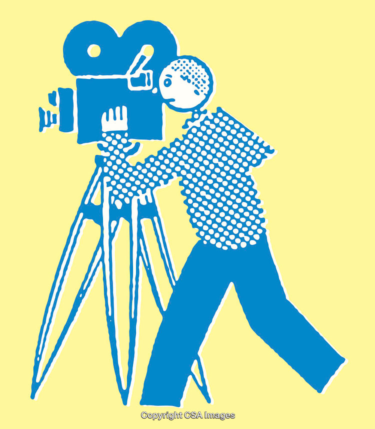 Illustrated Cameraman Operating a Vintage Film Camera on Tripod