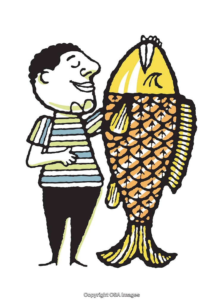 Cartoon Illustration of a Man Holding a Large Decorative Fish