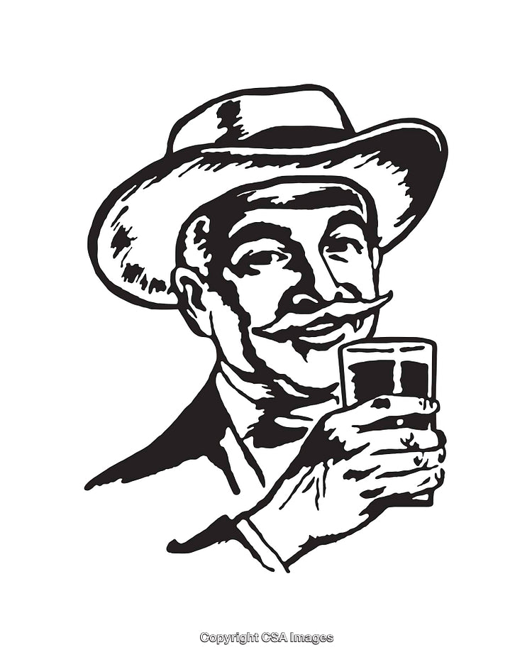 Vintage Black And White Illustration of a Man in a Hat Holding a Drink