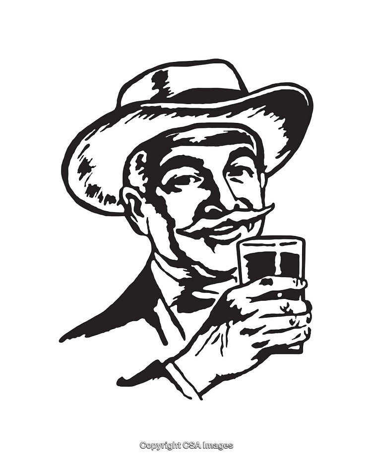 Vintage Black And White Illustration of a Man in a Hat Holding a Drink