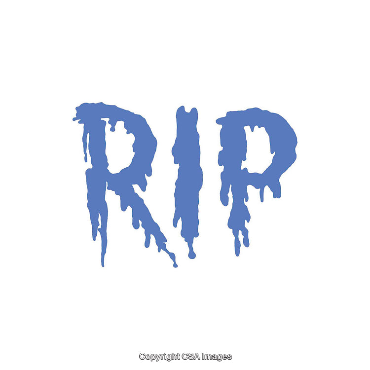 Blue RIP Text with Dripping Effect on White Background