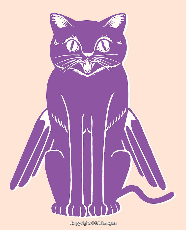 Purple Cat Illustration with Wings on Soft Beige Background