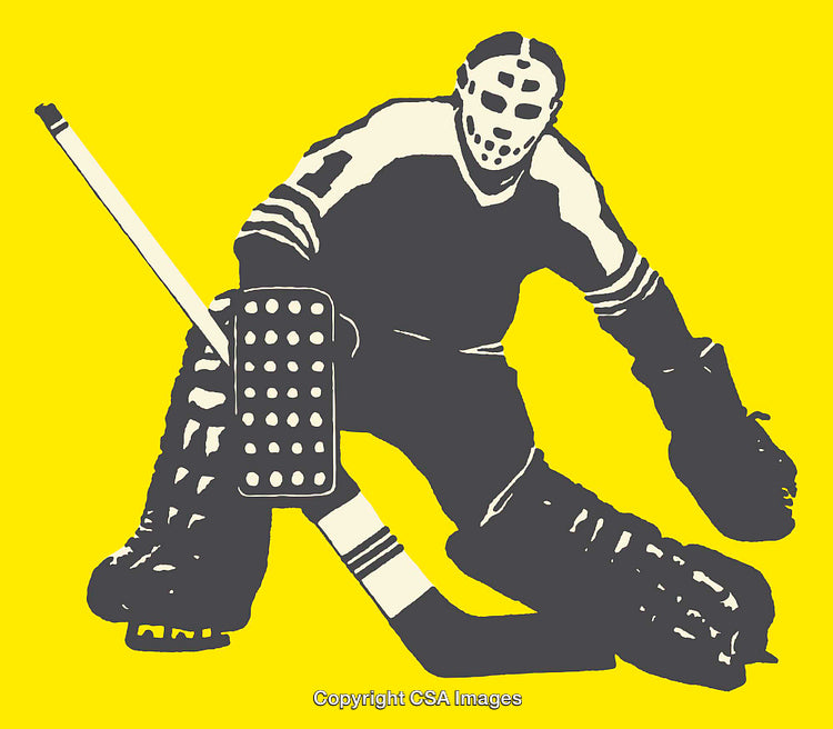 Illustrated Hockey Goalie in Protective Gear and Pose on Yellow Background