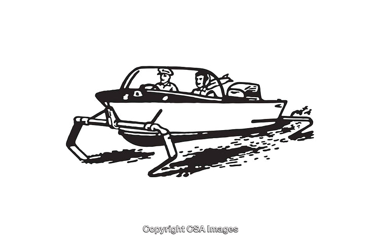Illustration of Motorboat with Two Passengers in Black and White Line Art