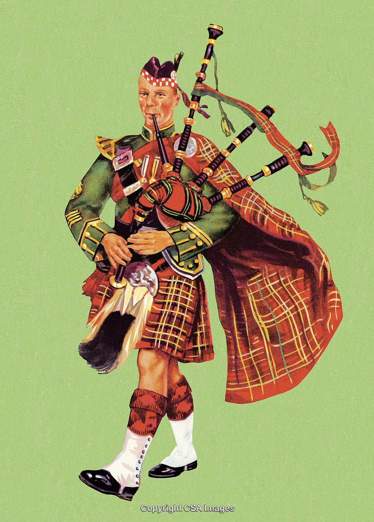Scottish Bagpiper in Traditional Attire Performing Against Green Background