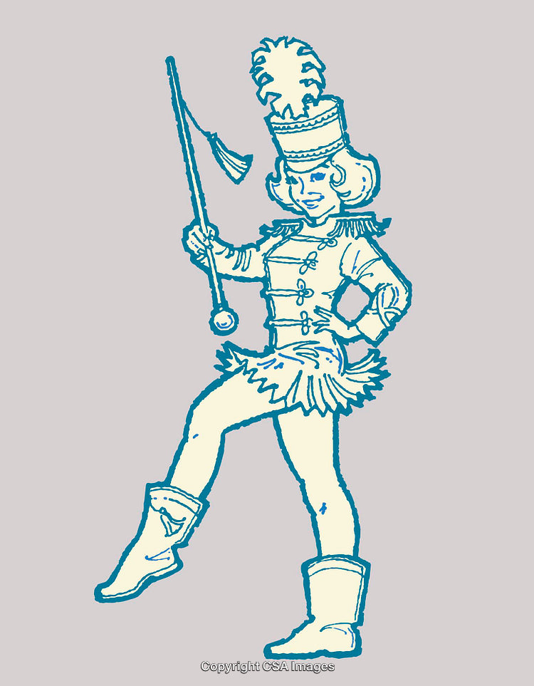 Vintage Majorette Illustration With Detailed Costume and Baton Holding Pose