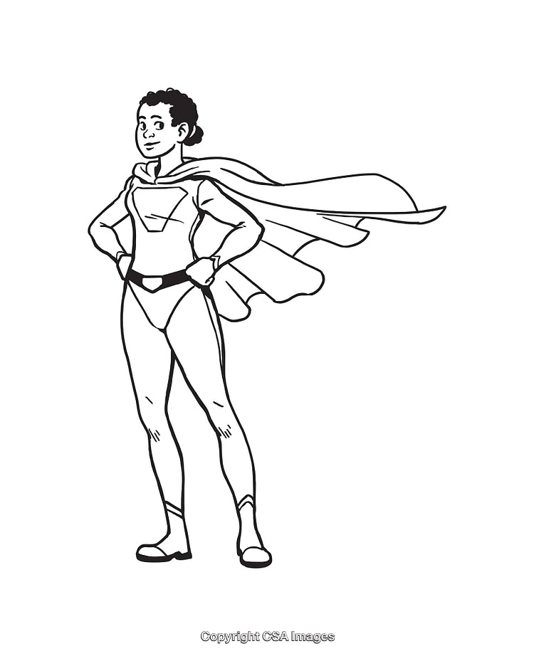 Black and White Line Art of Confident Superhero with Cape