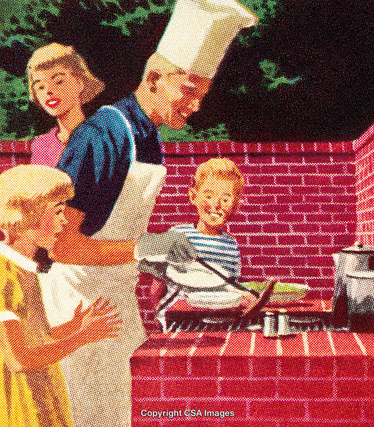 Retro Family Barbecue Scene with Smiling Members Enjoying Outdoor Cooking