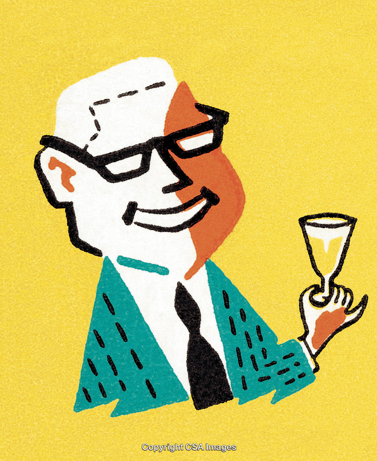 Stylized Portrait of a Smiling Man Holding a Glass on Yellow Background