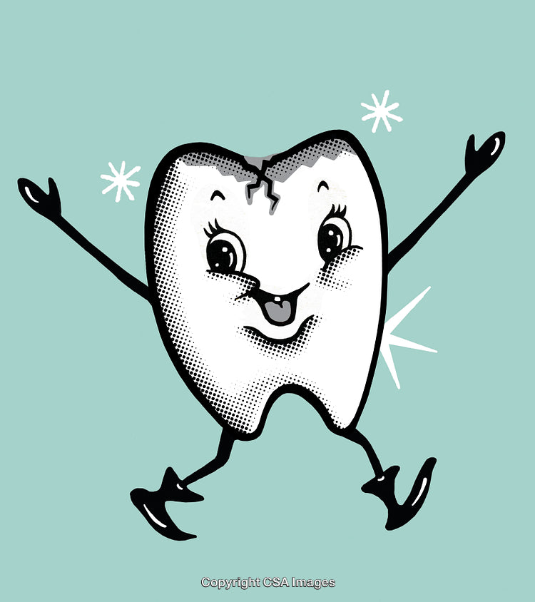 Smiling Cartoon Tooth Illustration with Cracked Design on Blue Background