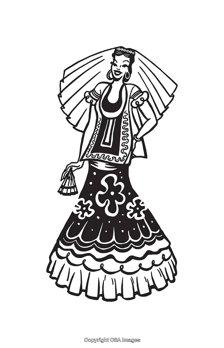Black and White Line Art of Cultural Woman in Traditional Dress
