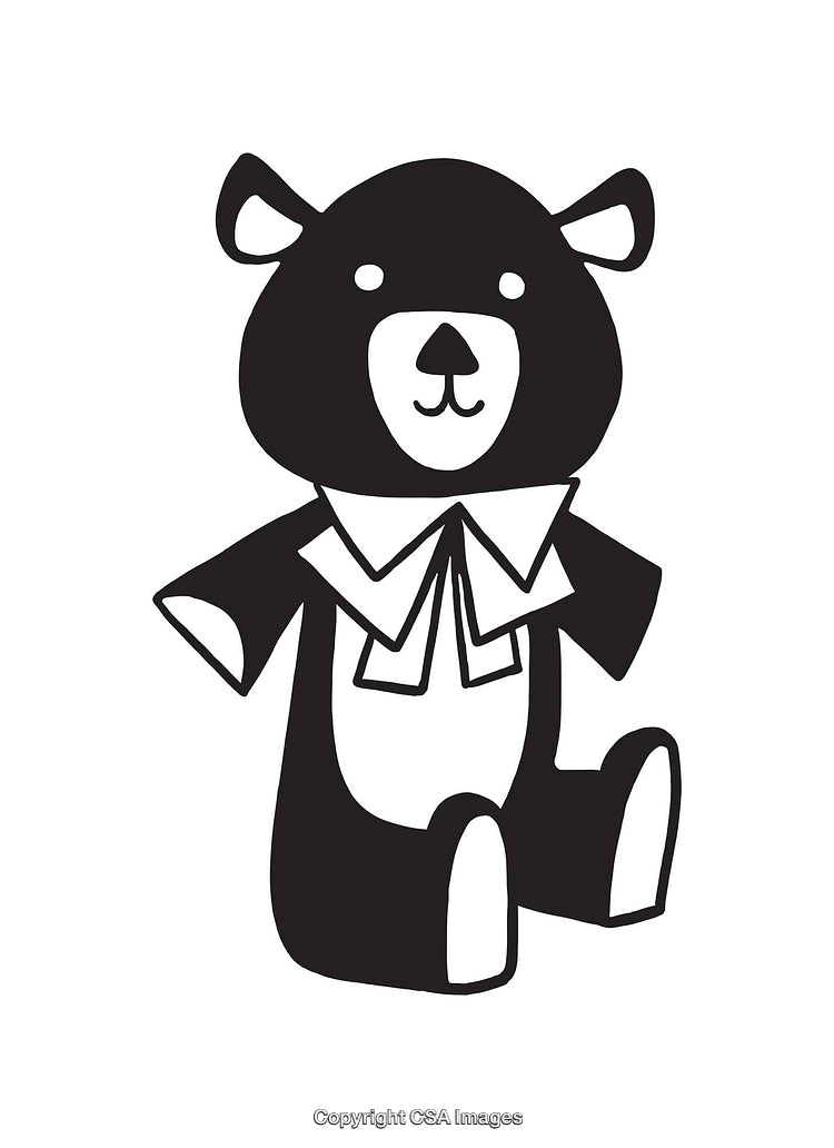 Cute Black and White Teddy Bear with Ribbon in Line Art Style