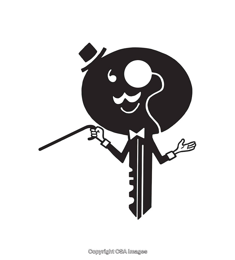Illustration of a Whimsical Key with a Monocle and Top Hat