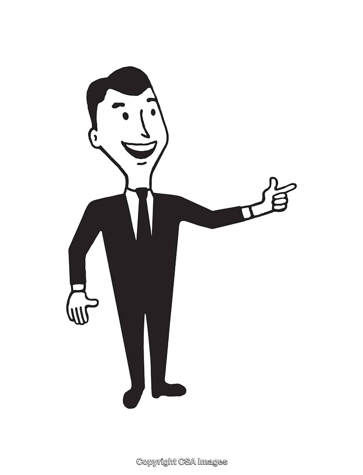 Smiling Cartoon Businessman Gesture Illustration in Black and White