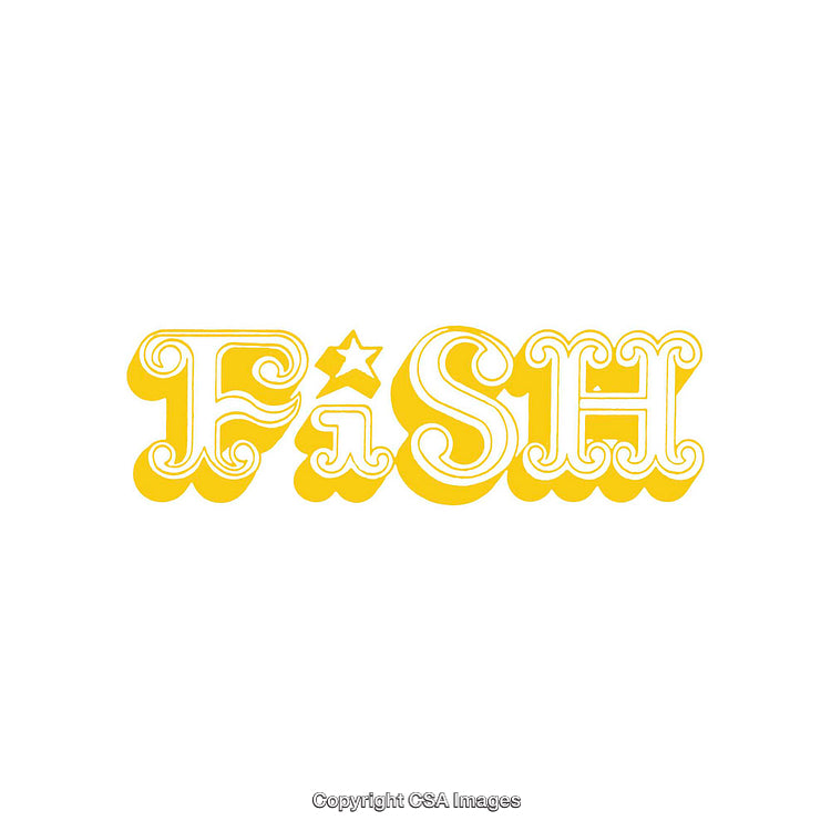 Yellow Stylized Typography Design Featuring the Word Fish Highlighted in Fun Lettering
