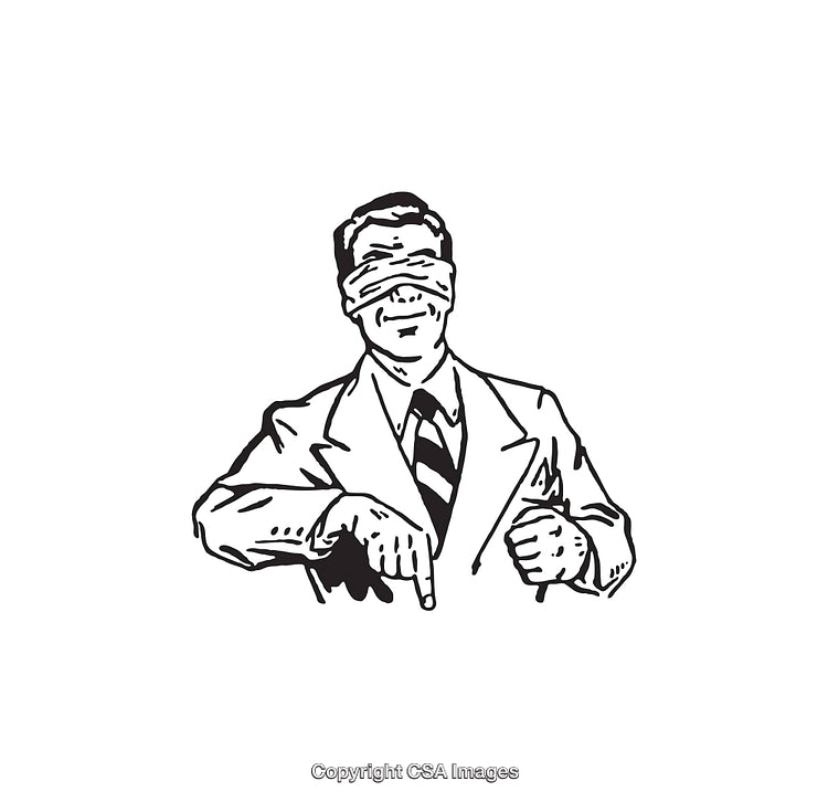 Retro Line Art of Blindfolded Man in Suit with Pointing Gesture