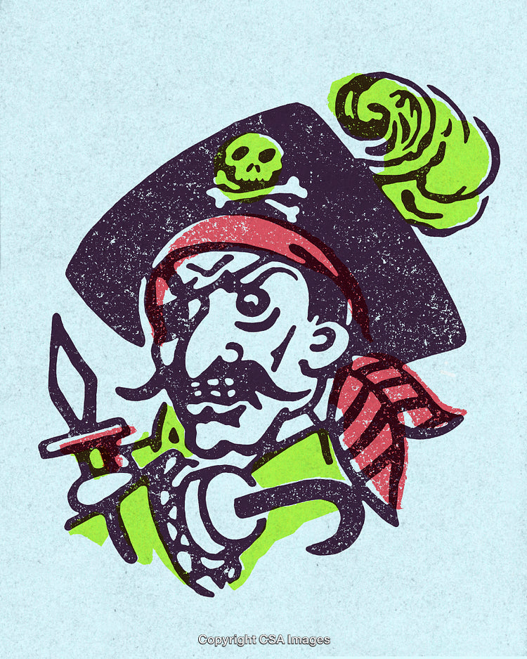 Colorful Vintage Pirate Illustration with Sword and Skull Elements