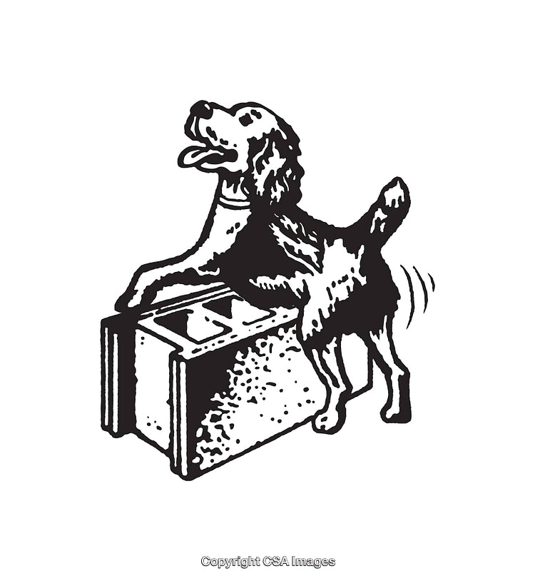 Retro Style Black and White Illustration of a Dog With a Tail Wagging