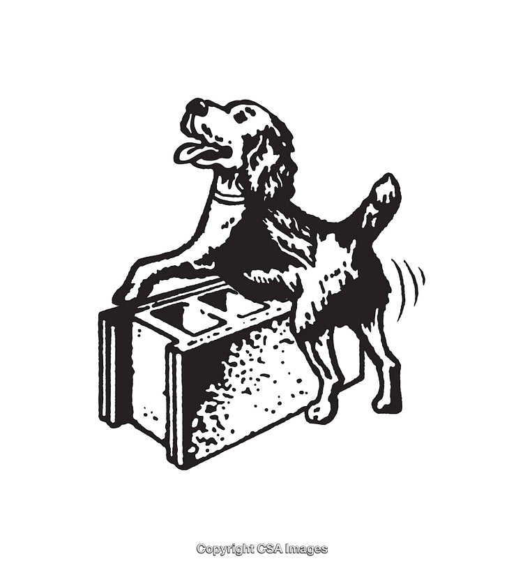 Retro Style Black and White Illustration of a Dog With a Tail Wagging