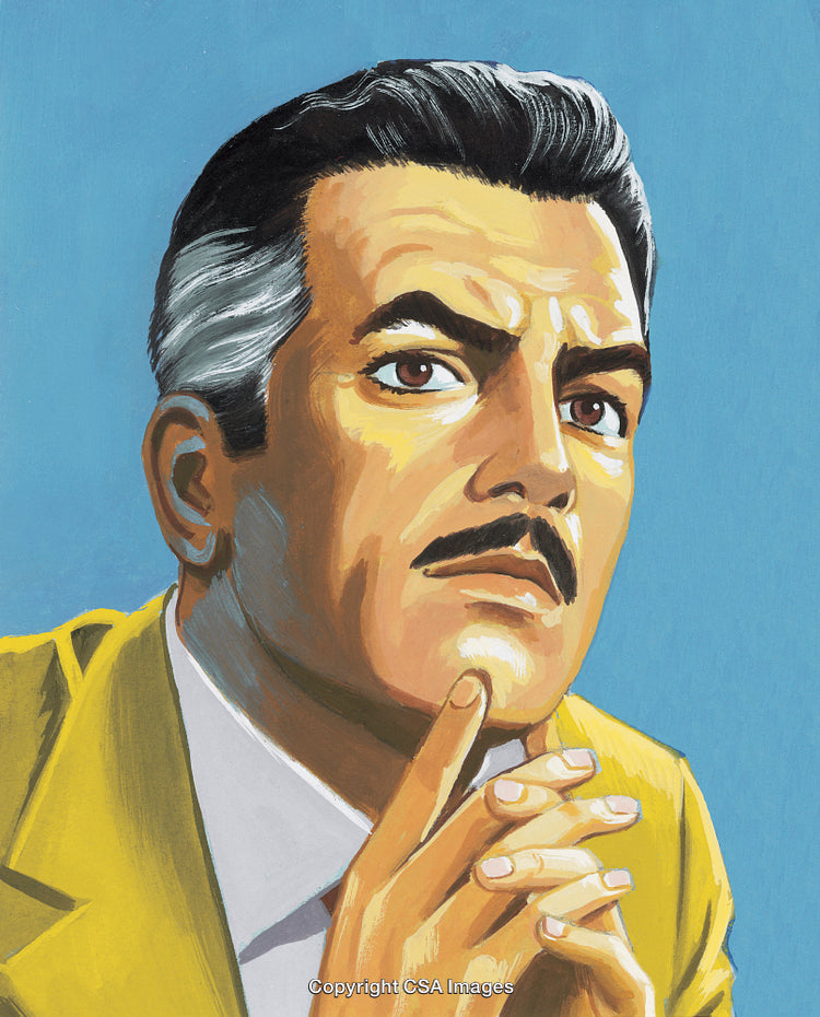 Thoughtful Man in Classic Outfit Against Blue Background