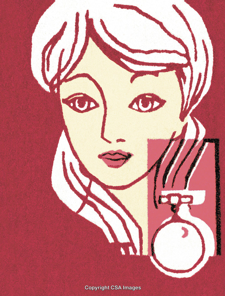 Artistic Illustration of a Woman With Perfume Bottle on Red Background