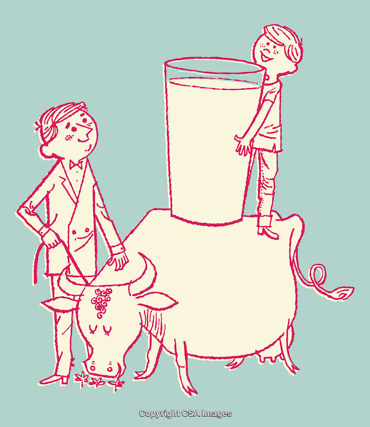 Whimsical Illustration of People and Large Cow with Oversized Milk Glass