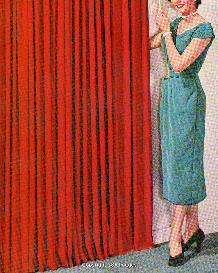 Woman in Blue Dress with Red Curtain, Vintage Printed Media Style