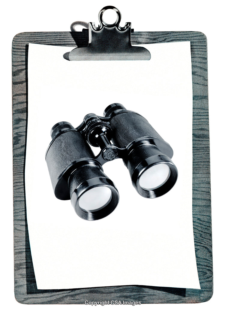 Binoculars on a Clipboard with White Background