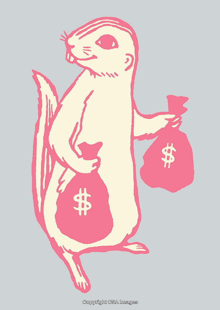 Whimsical Illustration of a Squirrel Holding Money Bags in Light Colors
