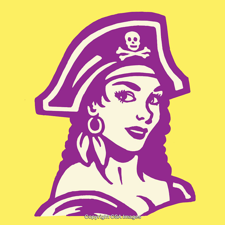 Purple Pirate Woman Illustration with Yellow Background and Skull Hat