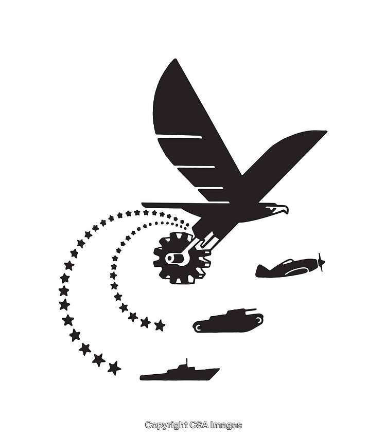 Monochrome Symbol of Eagle with Stars and Military Vehicles