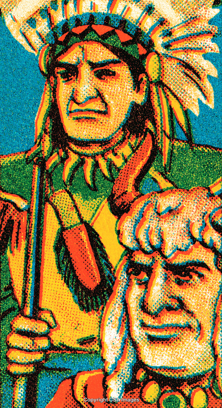Colorful Retro Illustration of Two Indigenous Men Wearing Traditional Headdresses
