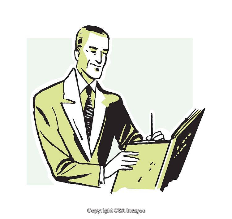 Illustrative Sketch of a Businessperson in Thoughtful Pose with Notepad