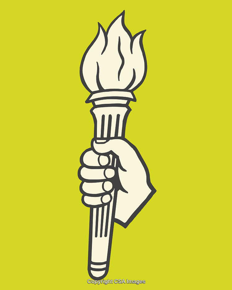 Hand Holding Torch Line Art Illustration on Lime Green Background