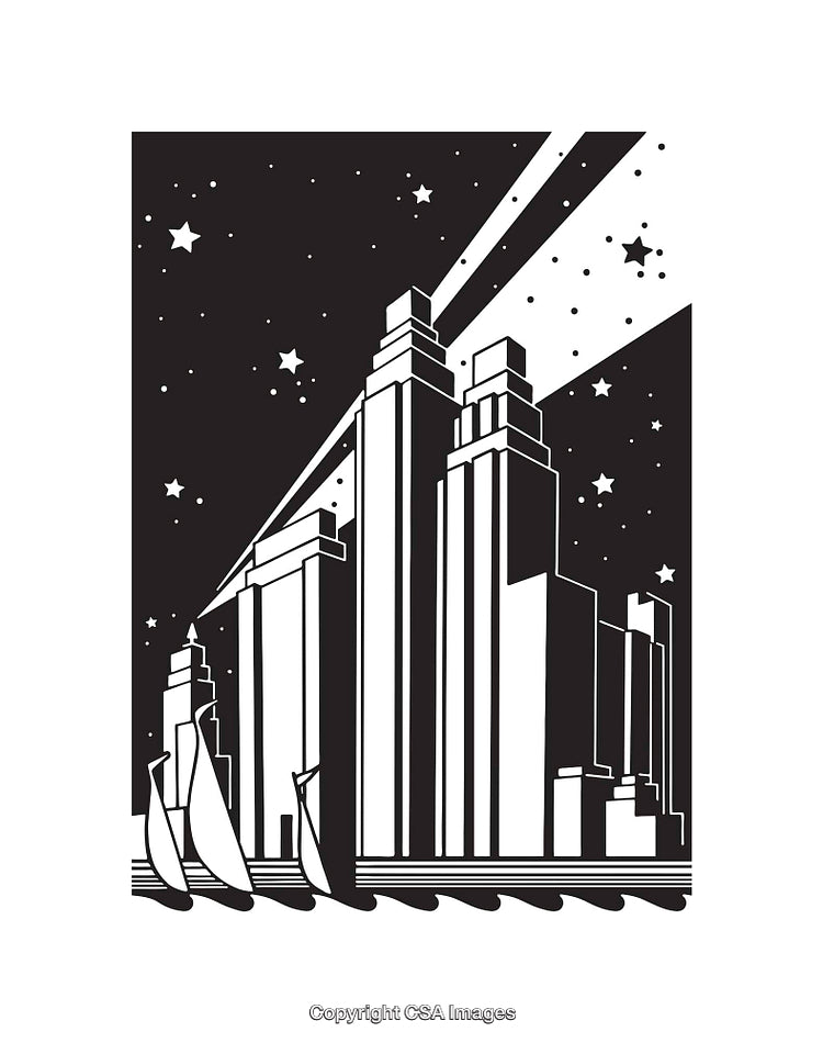 Art Deco Inspired Skyline Illustration with Boats and Starry Night