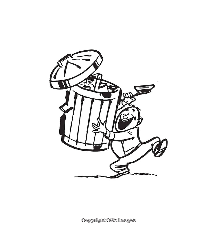 Cartoon Illustration of a Happy Person Throwing Trash into a Bin
