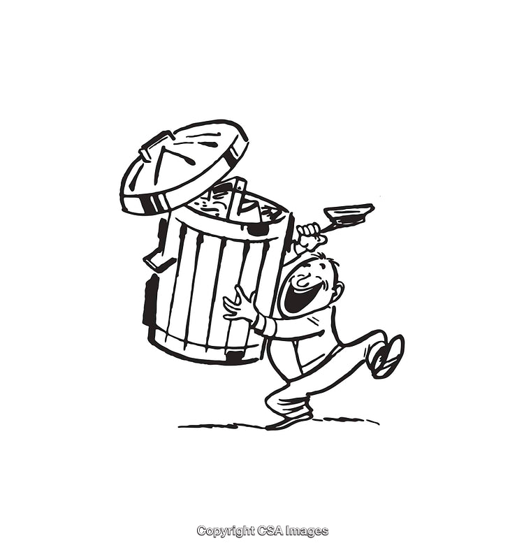 Cartoon Illustration of a Happy Person Throwing Trash into a Bin
