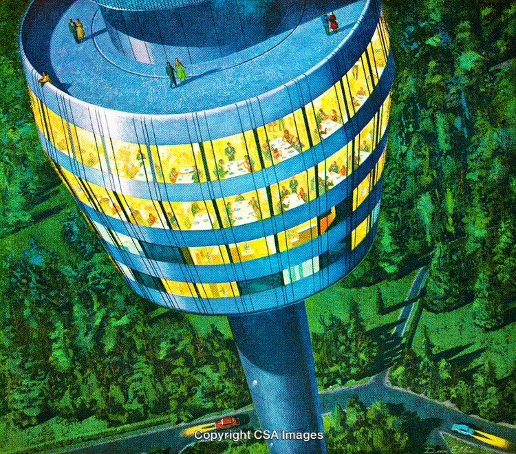 Futuristic Tower Restaurant Illuminated at Night Surrounded by Forest View