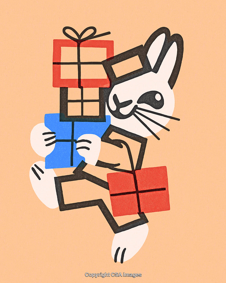 Playful Rabbit Carrying Colorful Gift Boxes on a Neutral Background