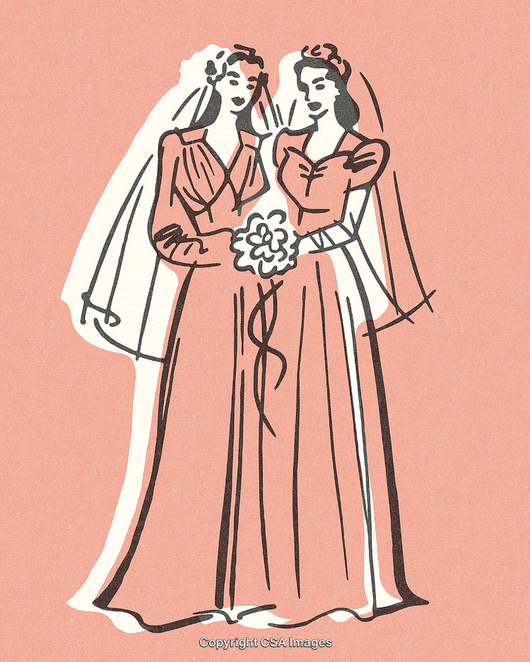 Illustrated Brides in Vintage Style Gowns Holding Flowers on Pink Background