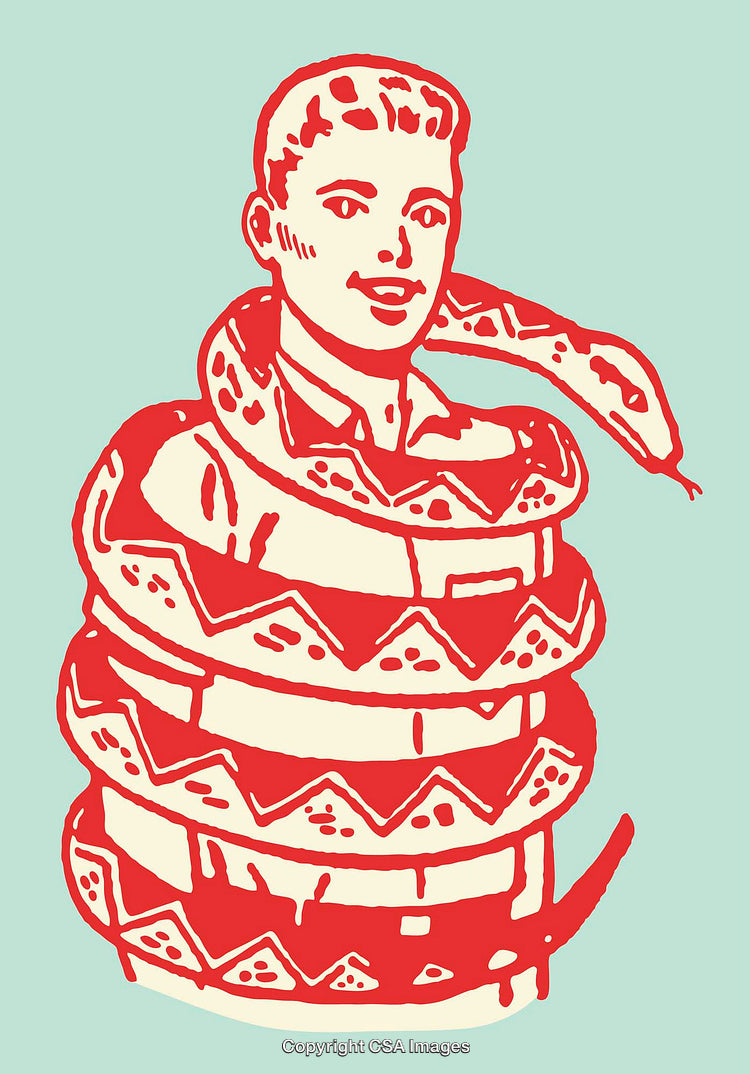 Retro Line Art of Man Wrapped by a Coiled Snake