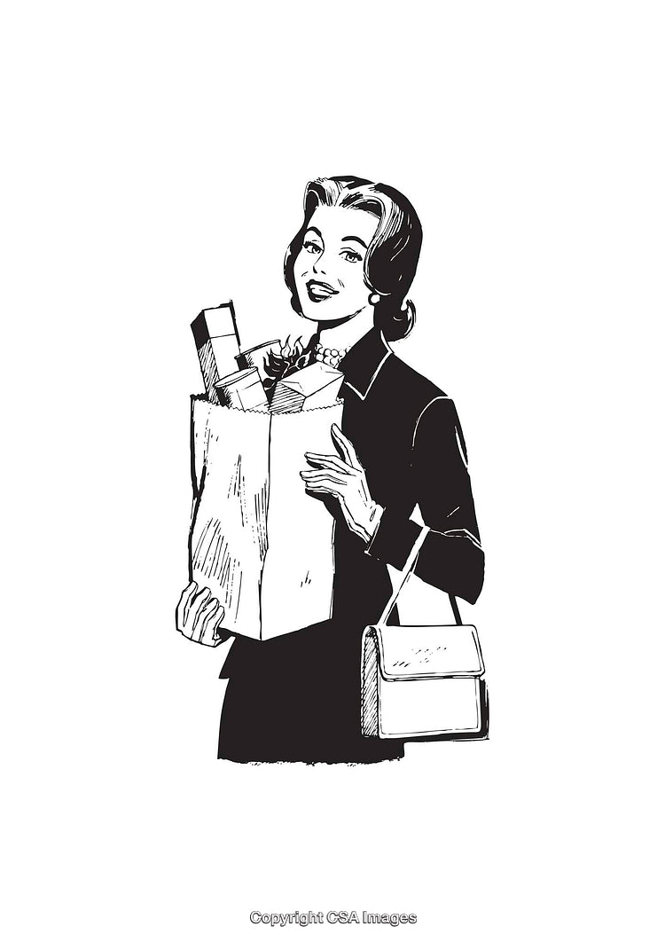 Retro-Inspired Line Art of Woman Holding Grocery Bag with Items