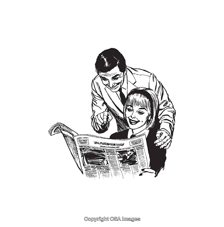 Retro Style Black and White Illustration of Adults Reading a Newspaper