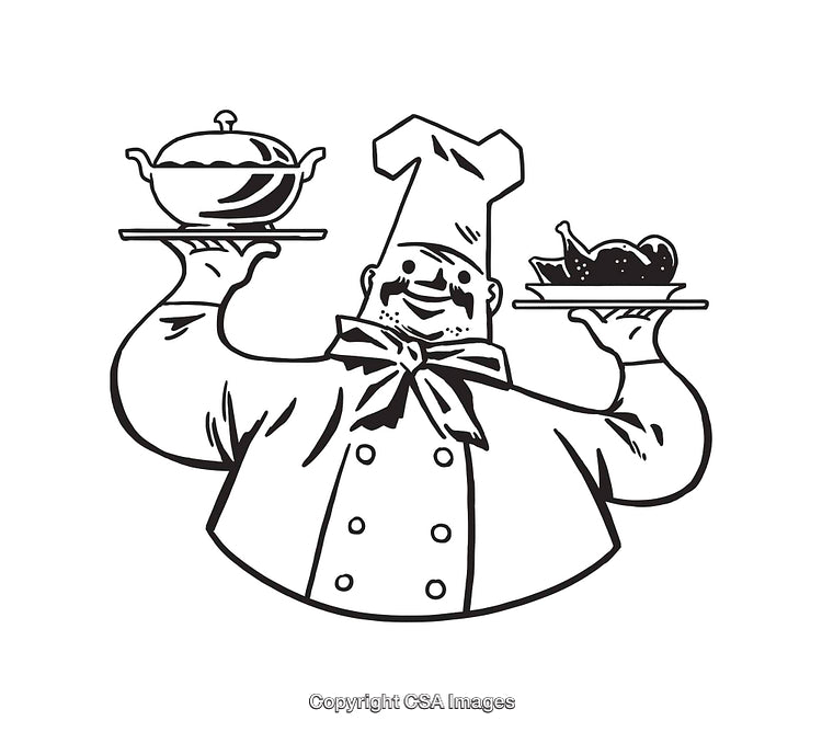 Chef Illustration Featuring Culinary Presentation in Black and White Line Art