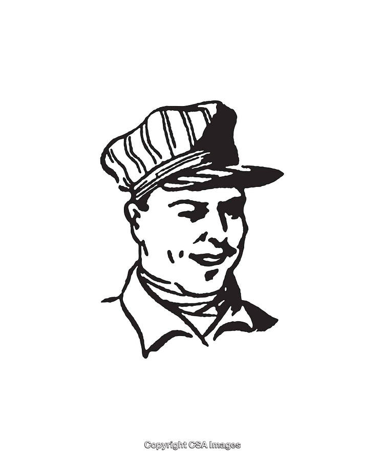 Retro Style Black and White Illustration of Smiling Worker with Cap