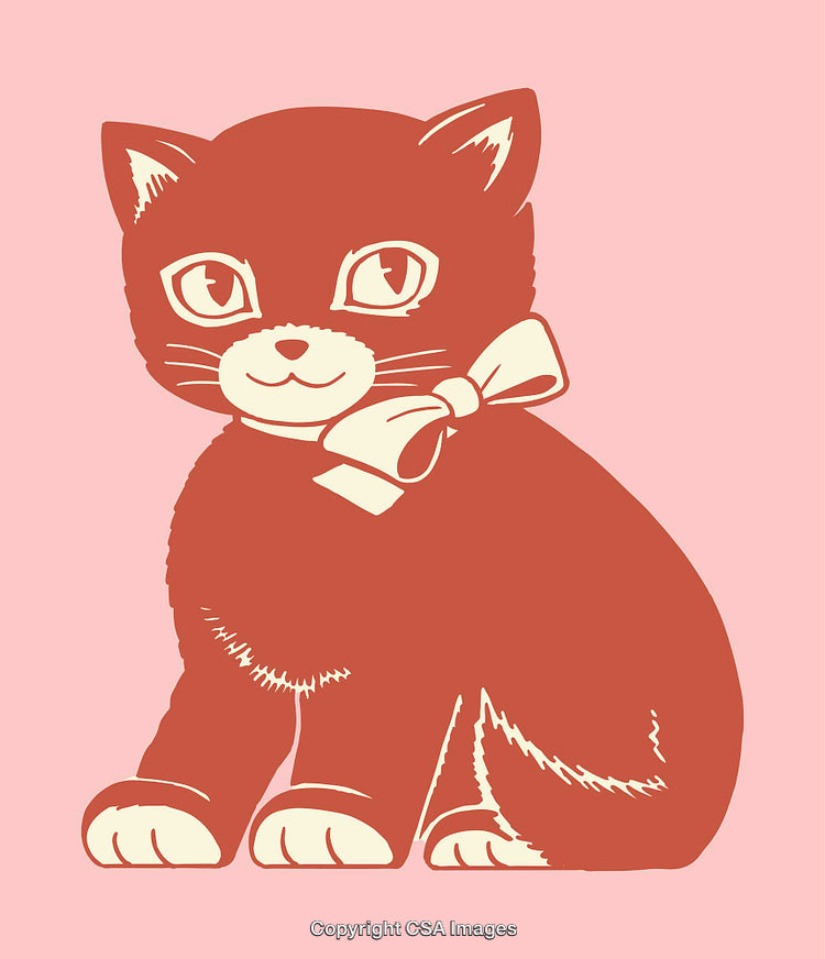 Vintage Illustration of a Playful Cat with Bow on Pink Background