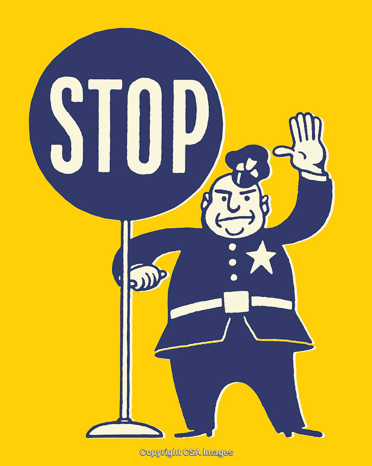 Retro Style Illustration of Policeman with Stop Sign on Yellow Background