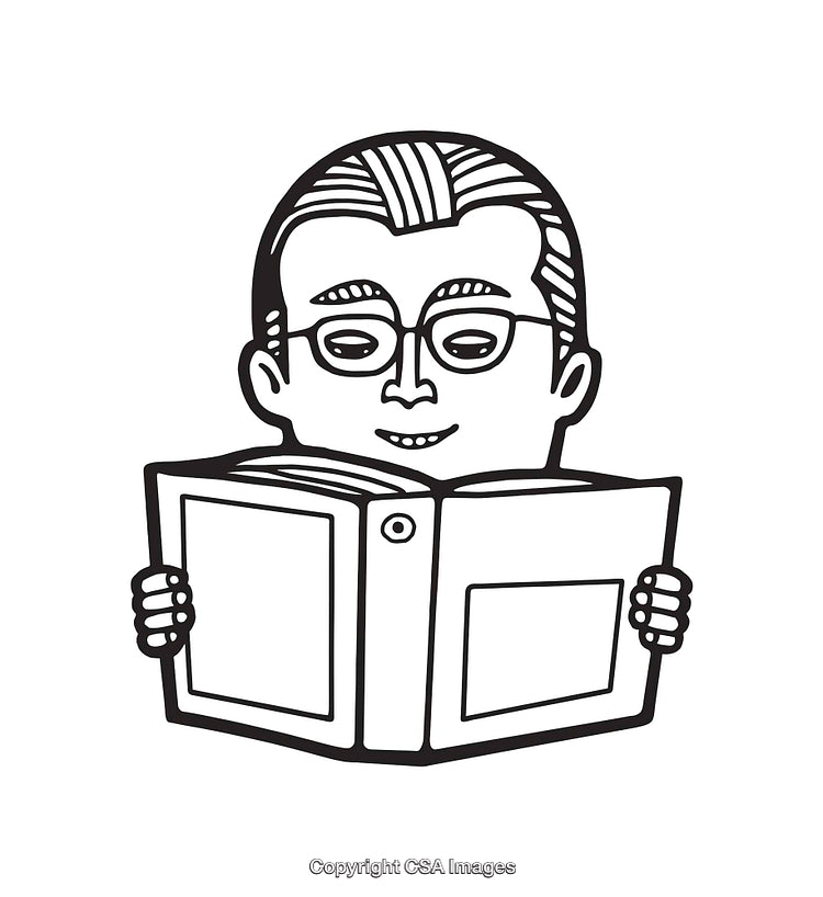 Illustration of a Smiling Man Reading a Book in Line Art Style